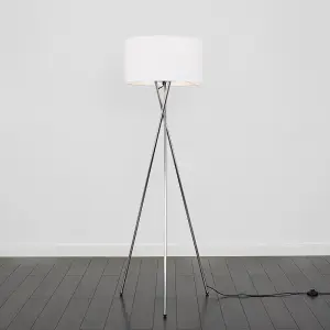 ValueLights Camden Modern Polished Chrome Metal Tripod Floor Lamp with White Cylinder Shade - Includes 6w LED Bulb 3000K