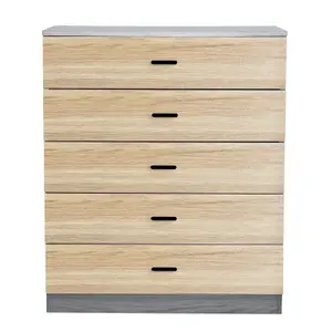 URBNLIVING Height 90.5cm 5 Drawer Wooden Bedroom Chest Cabinet Modern Ash Grey Carcass and Oak Drawers Wide Storage Cupboard