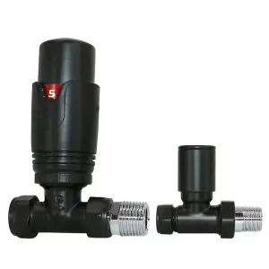 Rinse Bathrooms Thermostatic Radiator Valve 15mm Straight Radiator TRV + Lockshield for Heated Towel Rail Radiator Black