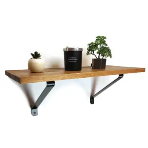 Solid Pine Rustical Shelf Medium Oak with Black GALA Bracket 25x120cm