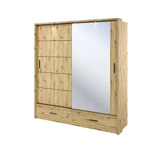 Lux V - Oak Artisan Sliding Door Mirrored Wardrobe with Shelves And Drawers (H2150mm W2000mm D600mm)