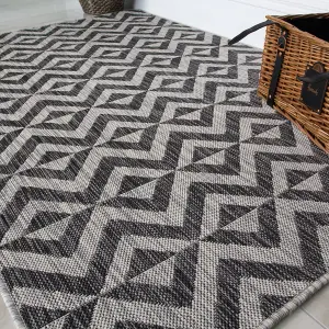 Charcoal Grey Geometric Flatweave Indoor Outdoor Rug 120x170cm