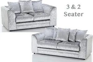 Bella Crushed Velvet 3&2 Seater Sofa Set Silver