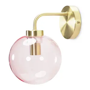 ValueLights Frenchie Brushed Gold Metal Wall Light with Pink Tinted Glass Globe Shade - LED Bulb Included