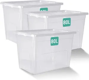 80L BPA free Plastic Storage Boxes With Lids Set of 3, Stackable, Clear