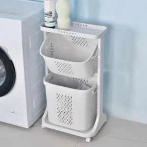 2 Tier Plastic Laundry Basket Hamper Bathroom Laundry Sorter Storage Bin Cart Clothes Organizer