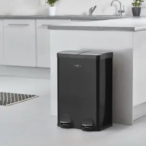 Kitchen Rubbish Recycling Pedal Bin 60L Dual 2 Waste Compartment Black