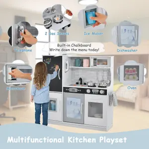 Costway Wooden Play Kitchen Kids Pretend Play Toy w/ Blackboard & Phone & Microwave