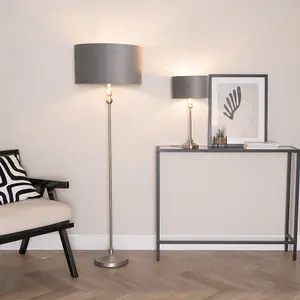 ValueLights Maggie Chrome Candlestick Floor Lamp with Grey Velvet & Chrome Inner Lamp Shade and LED Bulb