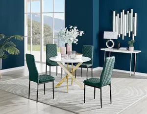 Furniturebox UK Novara White Gloss Gold Leg Round Dining Table & 4 Green Velvet Milan Black Leg Chairs