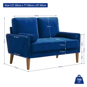 121CM Velvet Love Seat Blue Couch with 2 Pillows