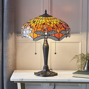 Luminosa Dragonfly 2 Light Medium Table Lamp Dark Bronze, Yellow, Tiffany Style Glass, E27