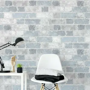 Brick Wall Effect Stone Sky Blue Light Grey Rustic Wallpaper Bedroom Boys Girl