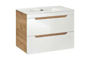 600 Vanity Unit Sink Wall Cabinet with Basin & Compact Drawers White Gloss Oak Arub