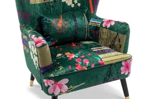 Fabric Green Patchwork Victoria Accent Wingback Chair with Footstool