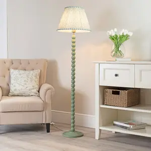 ValueLights Bobbles Sage Green Bobbin Floor Lamp with Green Arrow Pleated Shade