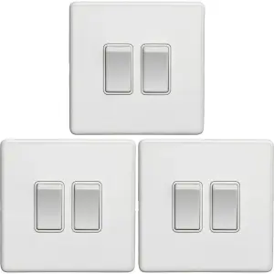 3 PACK 2 Gang Double Light Switch SCREWLESS MATT WHITE 2 Way 10A Slim Rocker