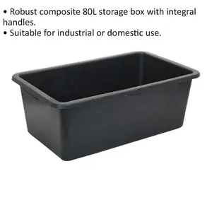 Durable 80L Black Storage Container with Integral Handles for Home and Industrial Use