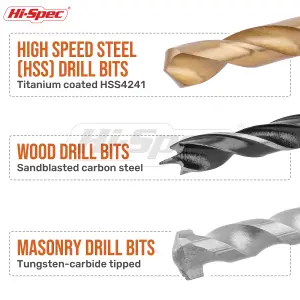 Hi-Spec 130pc Metric Drill Bit Set. 1 - 10mm HSS Titanium Coat, Masonry & Carbon Steel for Metal, Wood, Brick & Concrete