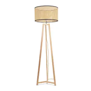 ValueLights Lottie Natural Wood Tripod Floor Lamp with Natural Cane Rattan Drum Shade - LED Bulb Included