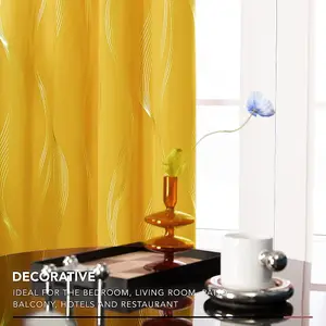 Deconovo Blackout Curtains Eyelet Silver Wave Line Foil Printed Curtains for Bedroom 52x72 Inch Mellow Yellow 2 Panels