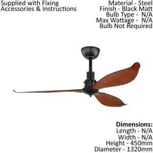 Remote Control Electric Ceiling Fan Matt Black Steel Conservatory 1320mm