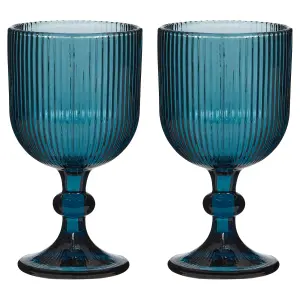 Set of 2 Vintage Luxury Blue Ribbed Drinking Wine Glass Wine Goblets 360ml