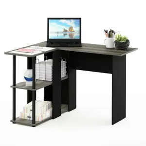 Furinno Abbott L-Shape Desk with Bookshelf, French Oak Grey/Black