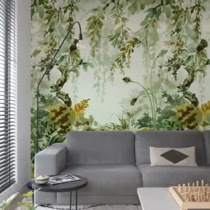 Grandeco Naive Watercolour Jungle Green 3 Lane Repeatable Wallpaper Mural 159 x 280cm