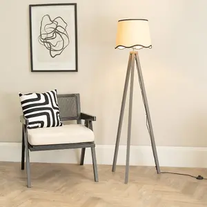 ValueLights Barbro Grey Wood Tripod Floor Lamp with Natural Linen Scallop Black Edge Shade