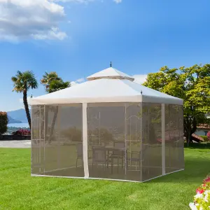 Outsunny 3 x 3(m) Garden Gazebo Double Top Gazebo Canopy w/ Mesh Cream White