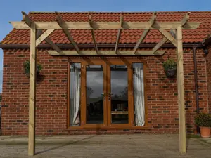 Lean to wooden garden pergola kit - Longhorn design wall mounted gazebo, 4.8m x 4.8m (Rustic brown finish)