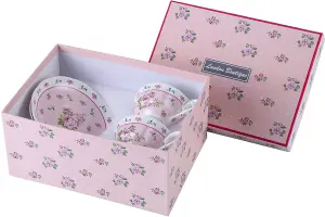 Coffee Tea cups and Saucers set of 2 Vintage Flora Rose Lavender Porcelain Gift Box (Rose Pink 2pc Set)