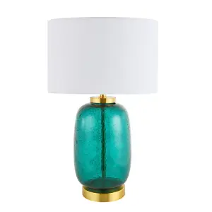 Teal Glass Table Lamp Base with Hammered Stone Effect and Satin Gold Metal Trim