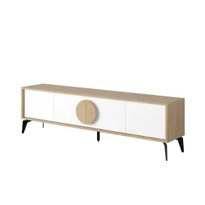 Decortie Gora Modern TV Unit Oak, White 180(W)cm with 4 Doors Storage TV Cabinet Entertainment Metal Legs