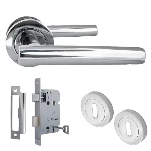 Door Handles T Bar Straight Lever on Rose Escutcheon & Lock - Chrome