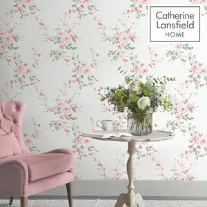 Catherine Lansfield Canterbury Floral Wallpaper Red/Grey Muriva 165506