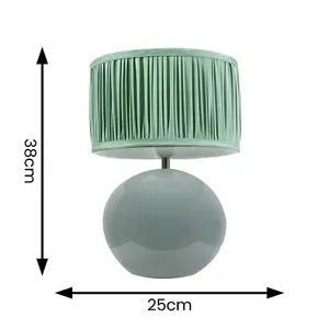 ValueLights Bosco Eucalyptus Ceramic Table Lamp with Ruched Pleated Green Fabric Drum Lamp Shade and LED Bulb