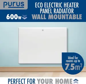 Purus Electric Radiator Panel Heater Eco 600W Bathroom Safe Wall Mounted or Floorstanding Timer Thermostat Lot 20