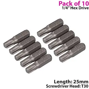 10 PACK T30 Chrome Vanadium Screwdriver Bits 1/4" Hex Star Shank