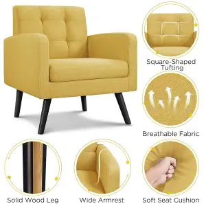 Yaheetech Yellow Fabric Armchair Tufted Accent Chair with Rubber Wooden Leg