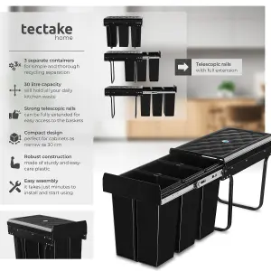 Kitchen Bin Ashlyn - 3 compartments, telescopic rails, 30L total capacity - black