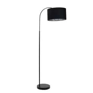 ValueLights Curva Black Arched Floor Lamp with Black Velvet & Chrome Inner Lamp Shade & Bulb