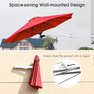 Costway Wall-Mounted Umbrella Water-proof Cantilever Parasols Tilting Sunshade Umbrella w/ Adjustable Pole