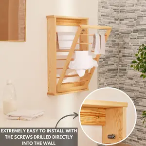 Natural Wall Mounted Wooden Clothes Drying Rack with Double side Rails - Foldable and Space-Saving Clothes Airer