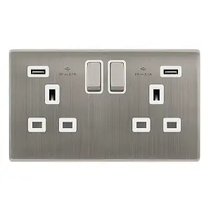 Stainless Steel Screwless Plate 2 Gang 13A DP Ingot 2 USB Twin Double Switched Plug Socket - White Trim - SE Home