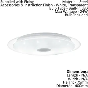 Wall Flush Ceiling Light White Shade White Chrome Plastic Crystal Effect LED 24W