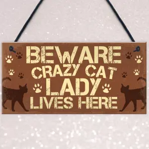 Red Ocean Novelty Beware Crazy Cat Lady Home Decor Hanging Chic Sign Funny Cat Birthday Gifts For Cat Lovers