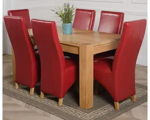 Kuba 150 x 85 cm Chunky Medium Oak Dining Table and 6 Chairs Dining Set with Lola Burgundy Leather Chairs