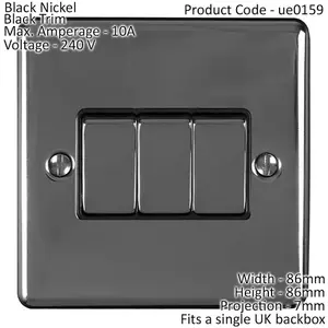 3 Gang Triple Light Switch BLACK NICKEL 2 Way 10A Black Trim & Metal Rocker